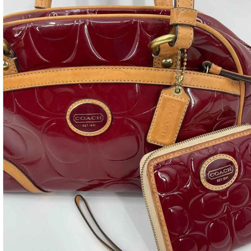 Coach Satchel Bag Women Medium Red Patent Leather Signature C Set Wallet Vintage